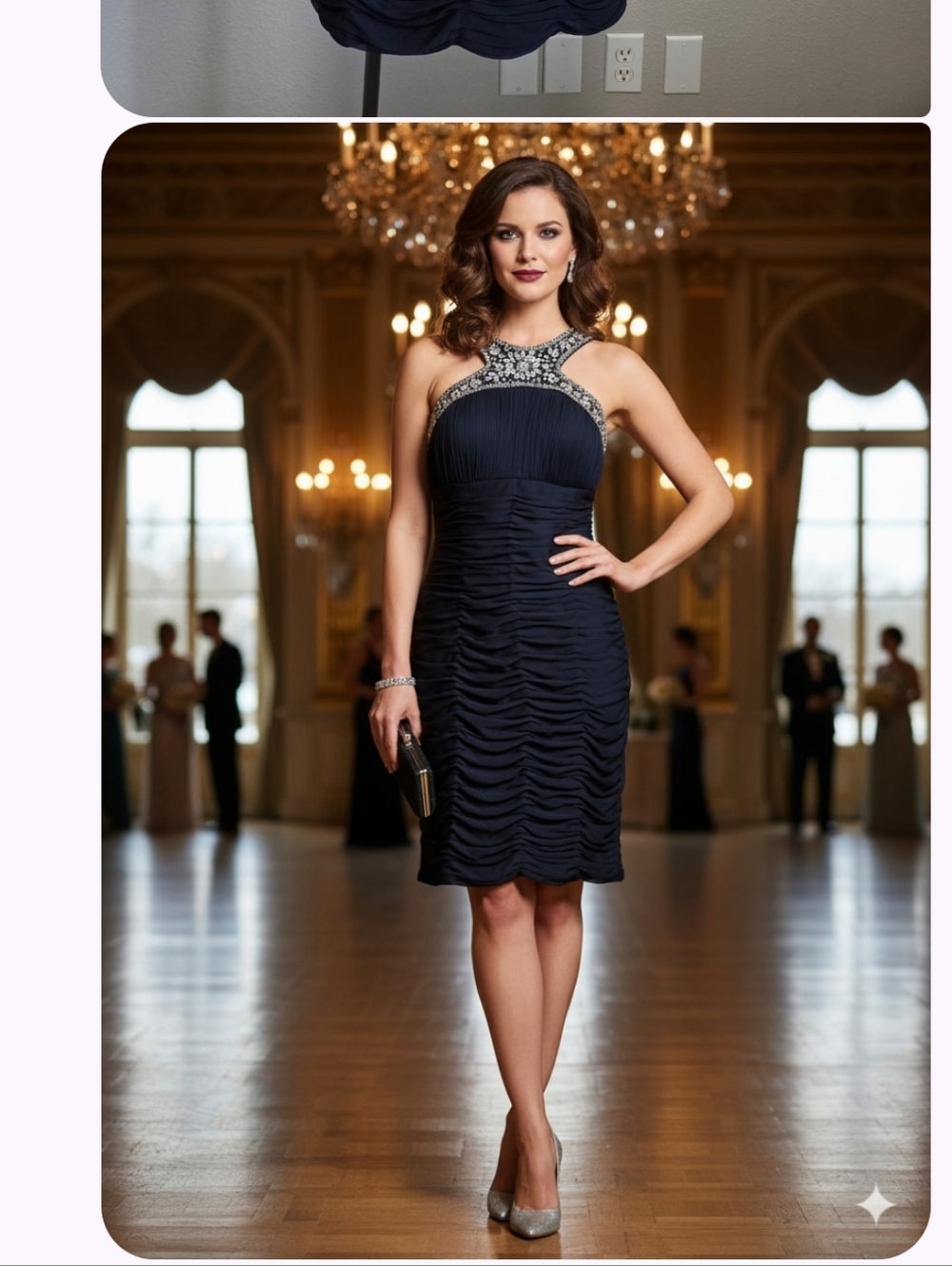 Xscape Navy Halter Crystal-Embellished Ruched Cocktail Dress